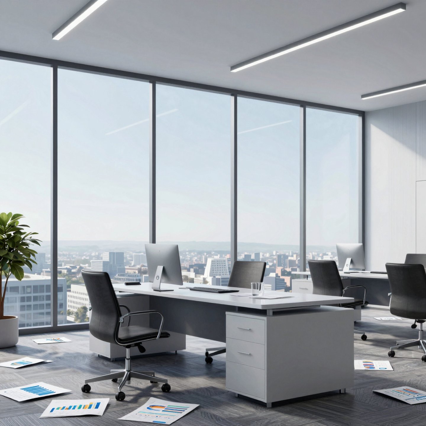 Professional business partners discussing financial strategies in a modern office with dark-themed decor.