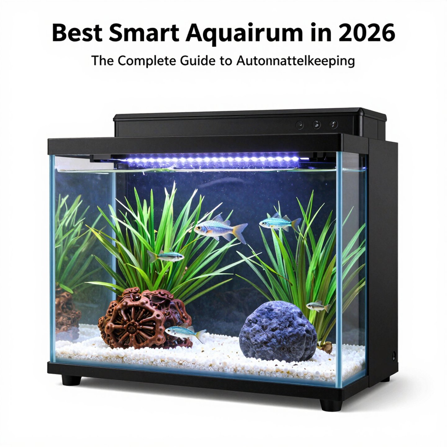 Modern smart aquarium with LED lighting, tropical fish, and aquatic plants for automated fishkeeping.