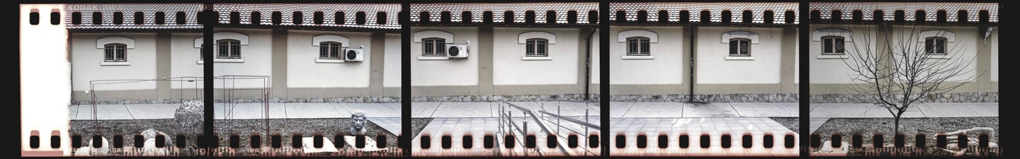 Composed photo of a building exterior, UNAGE, film strip