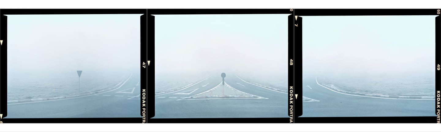 Composite photo foggy road scene empty shrouded yield sign stands at foggy intersection
