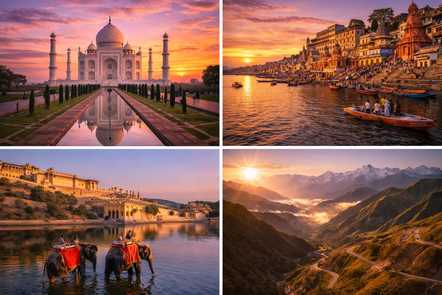 This image shows a vibrant collage of India featuring the Taj Mahal, Varanasi ghats, Rajasthan forts