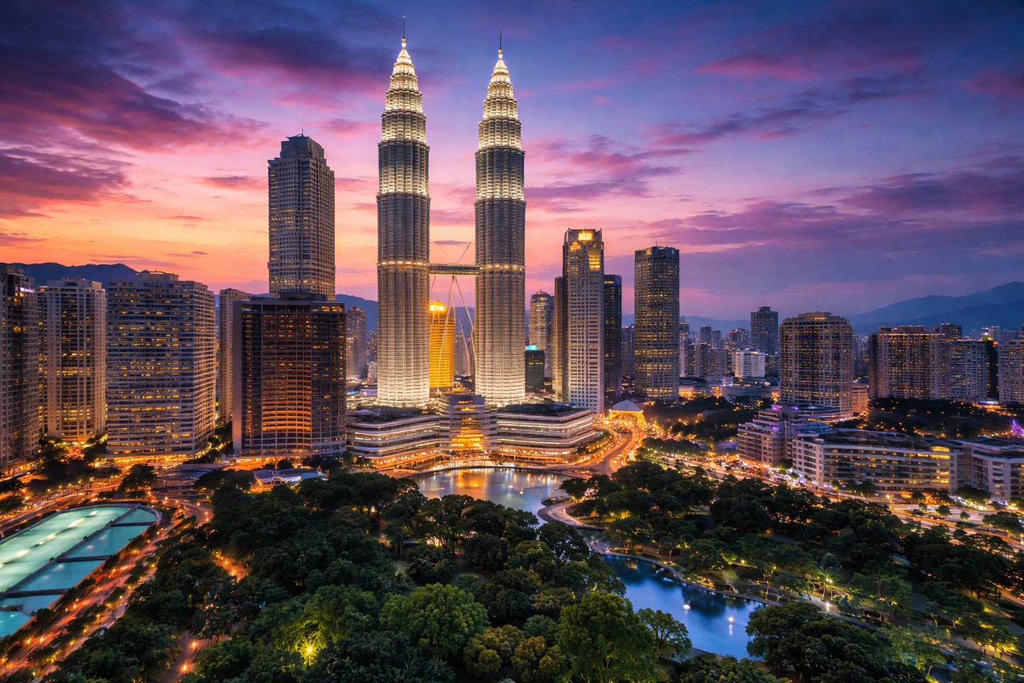 This image shows a breathtaking Kuala Lumpur skyline at sunset with the glowing Petronas Twin Towers