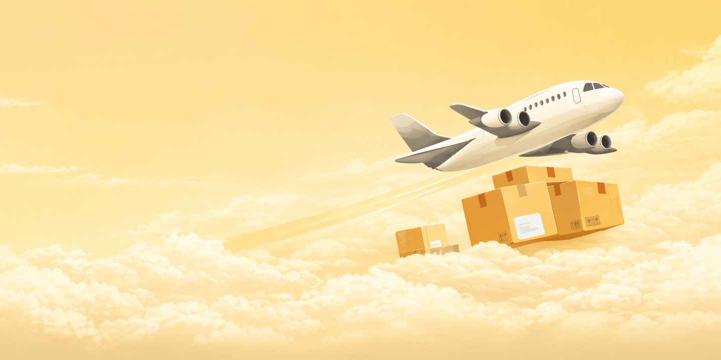 LitBuy spreadsheet shipping banner with cargo airplane and delivery boxes in the clouds
