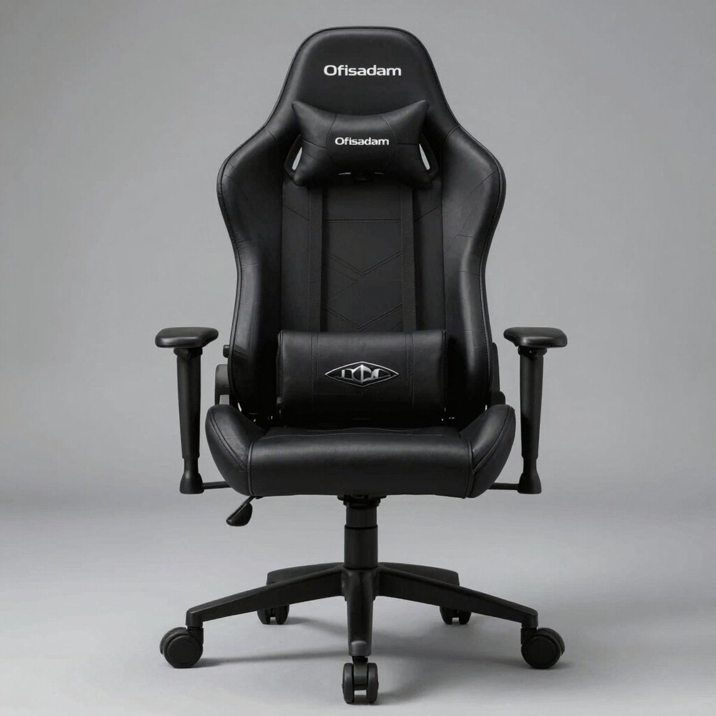 Modern gray lounge chairs with wood armrests and a matching black round coffee table.