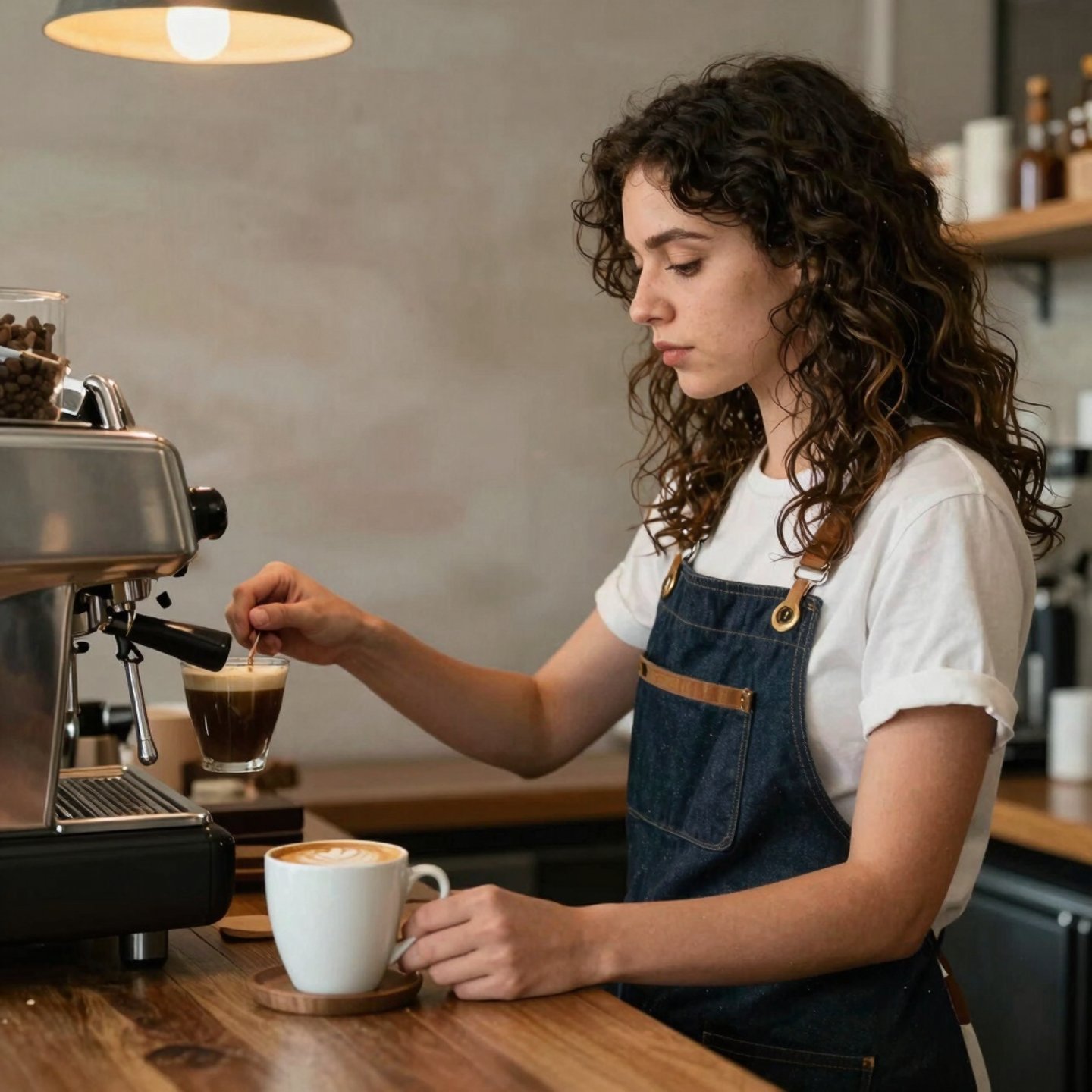 Cozy interior of a stylish café with warm lighting and inviting waffle display.