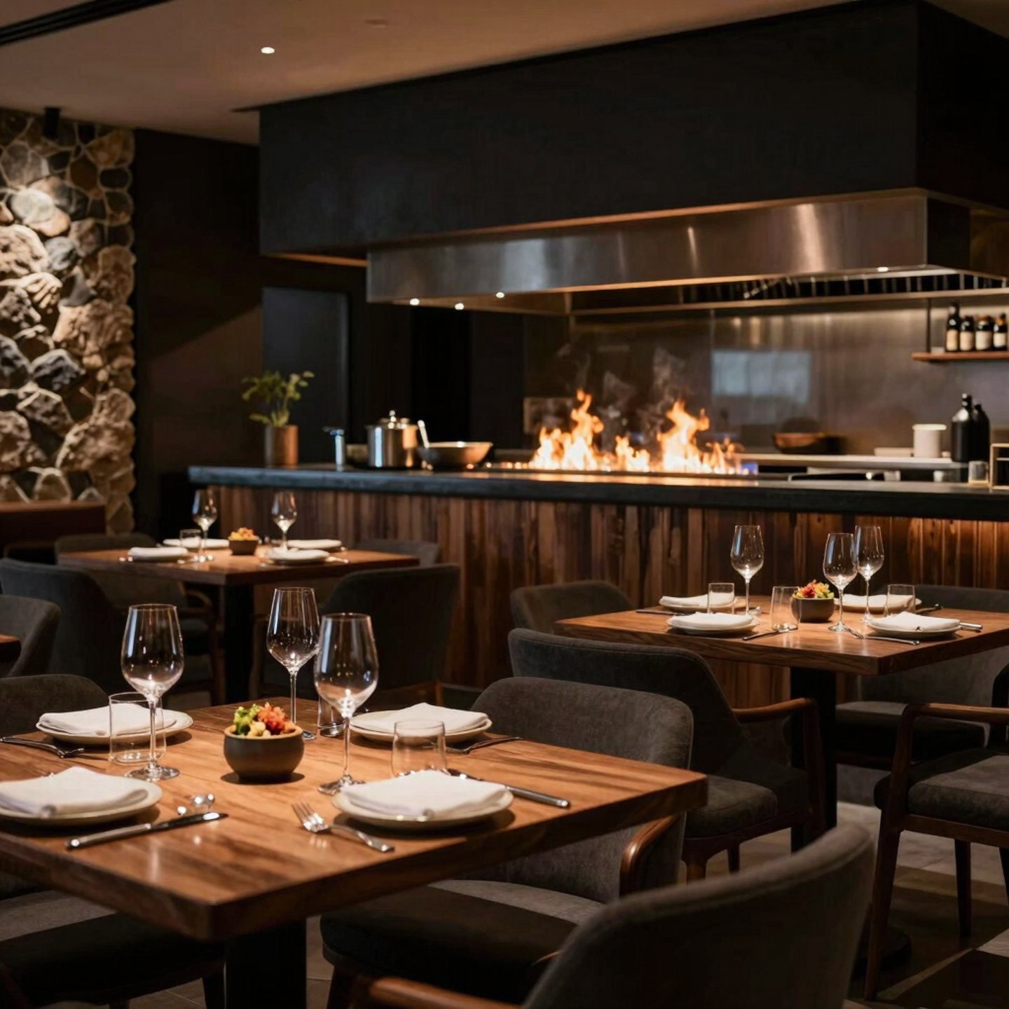 Cozy restaurant interior with warm lighting and rustic wooden tables filled with colorful dishes.