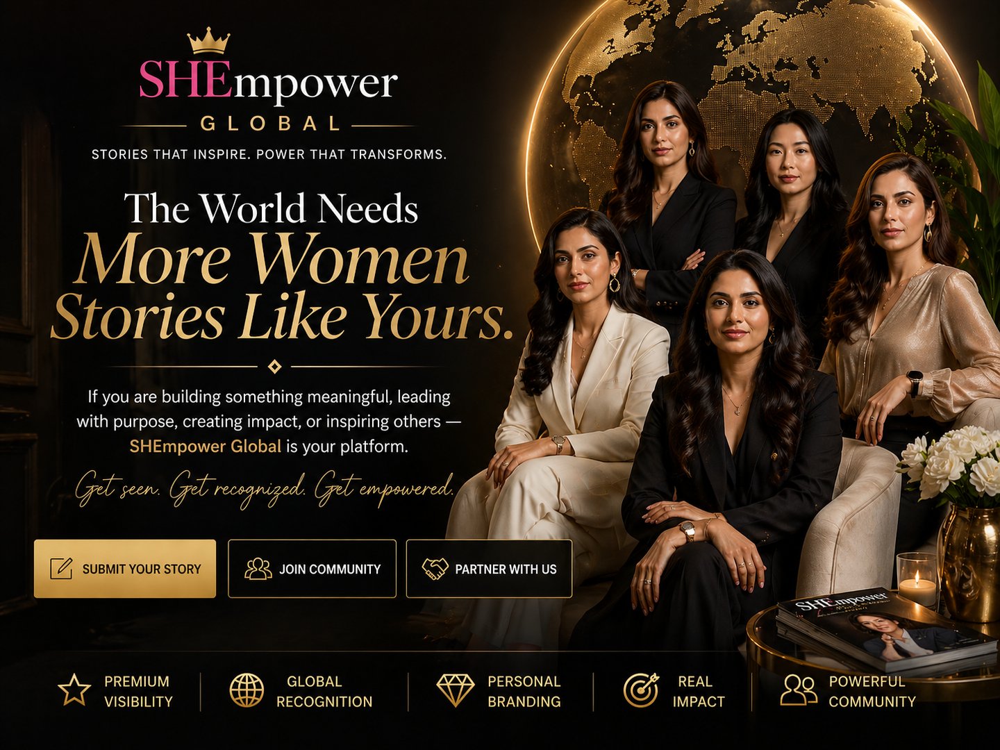 Professional women leaders posing for SHEmpower Global, a platform for female empowerment and storytelling.