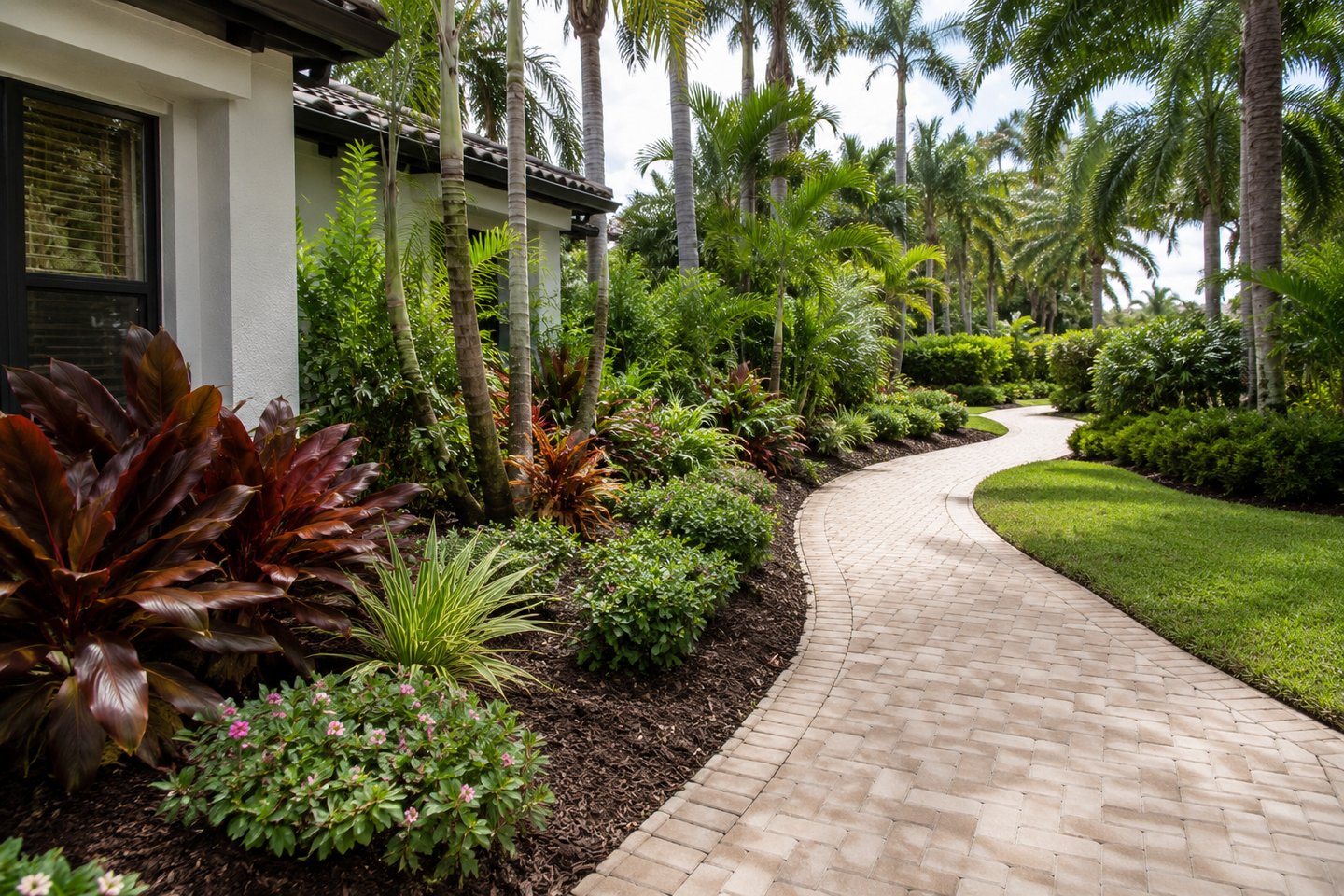 South Florida Home with colorful plant beds and Palm trees