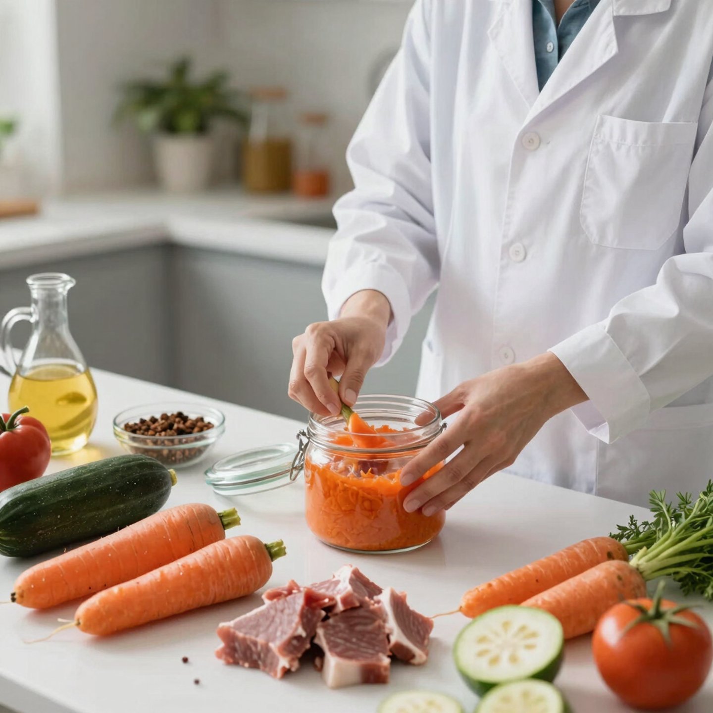 Close-up of a lab technician carefully mixing natural, grain-free ingredients in a cozy, warmly lit laboratory.