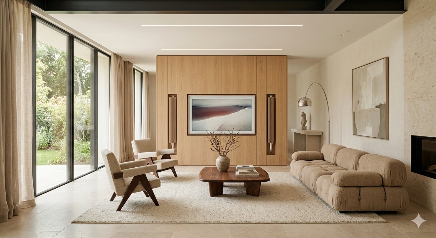 Installation audio et vidéo intégrée dans un salon moderne