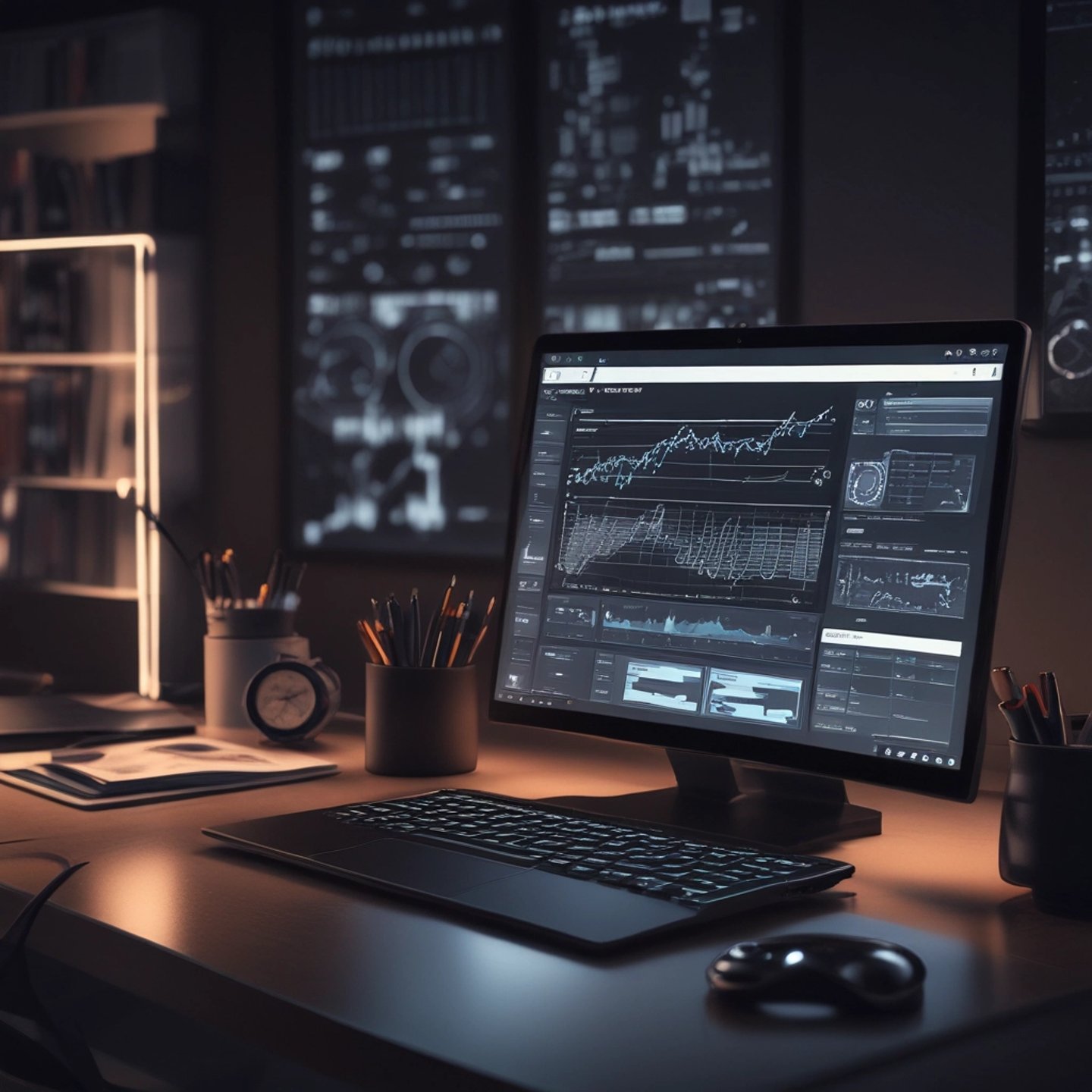 A sleek, dark-themed workspace with glowing AI interface elements and a modern laptop displaying media editing software.
