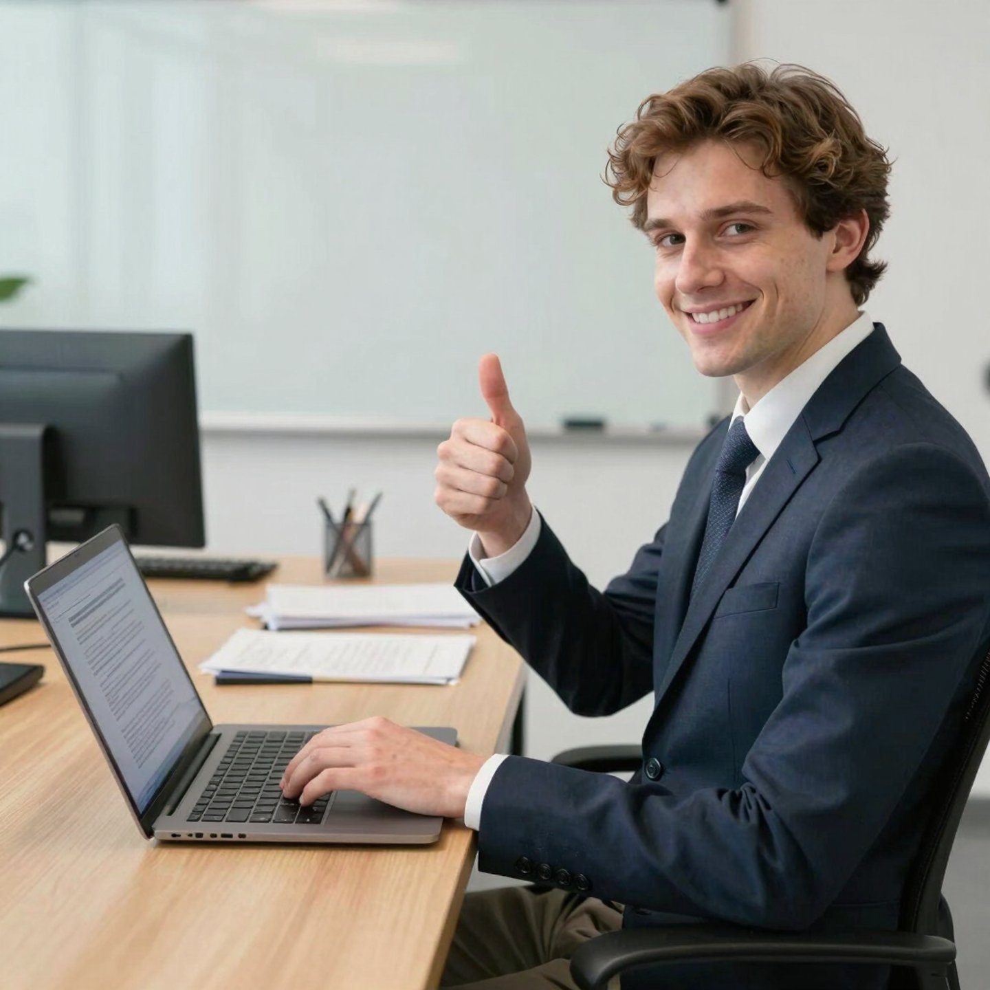 A welcoming office space with a desk, laptop, and a potted plant by the window.