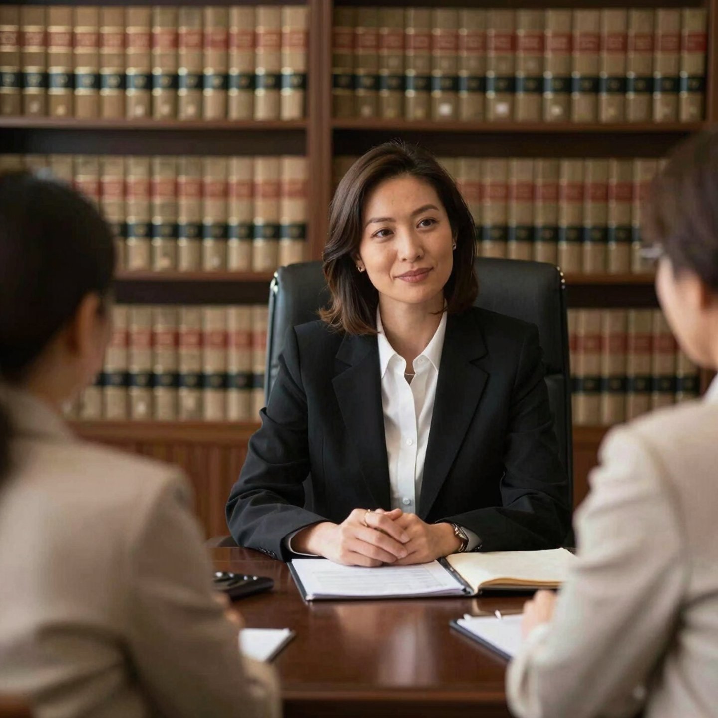 A confident lawyer consulting with clients in a warmly lit office filled with law books.