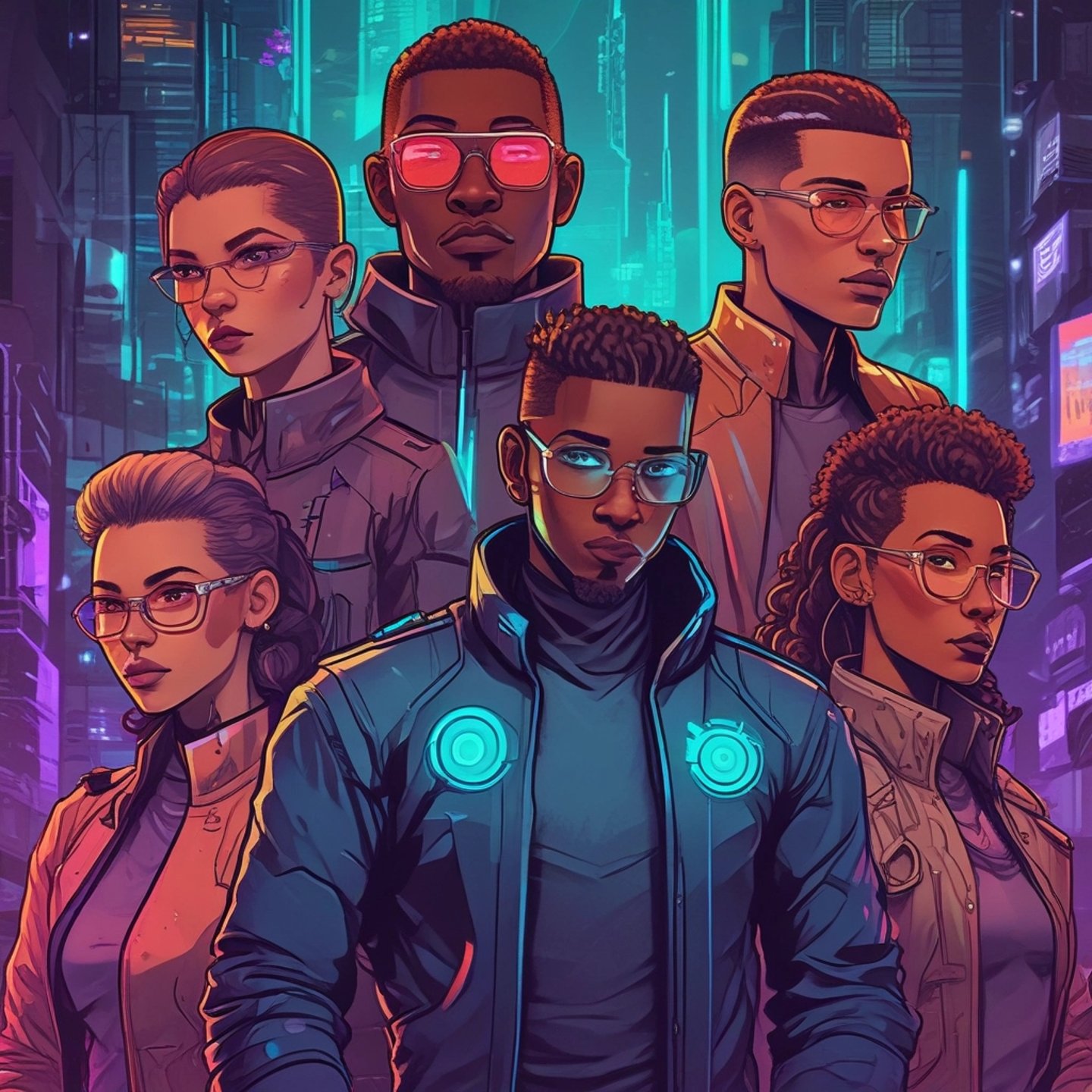 A glowing neon AI agent avatar with a headset, set against a dark cyberpunk cityscape background.