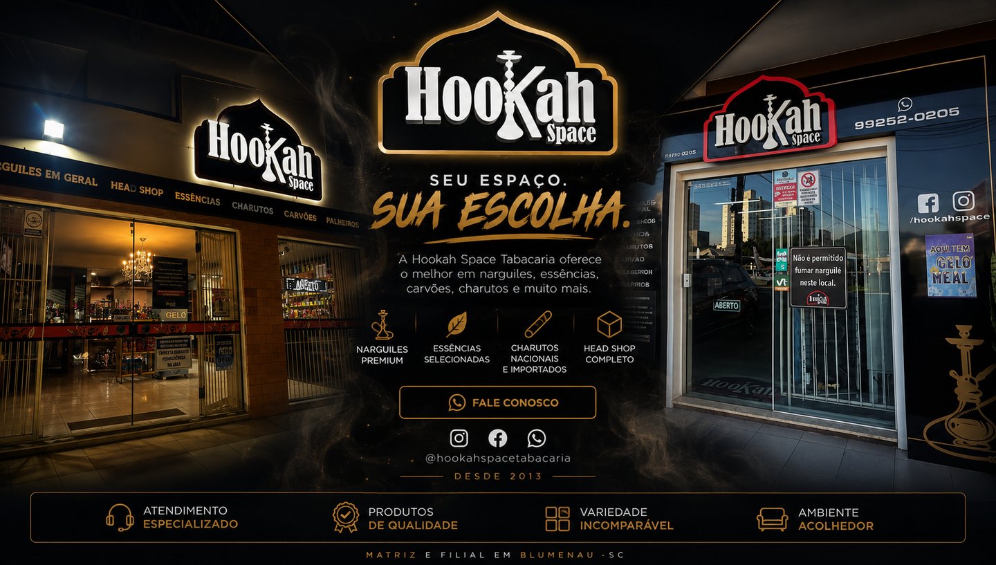Hookah Space storefront in Blumenau featuring premium shisha, charcoal, and head shop products.