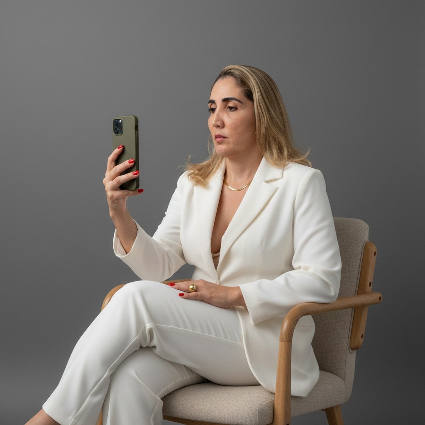 Professional woman in a white power suit sitting in a chair and looking at her smartphone.