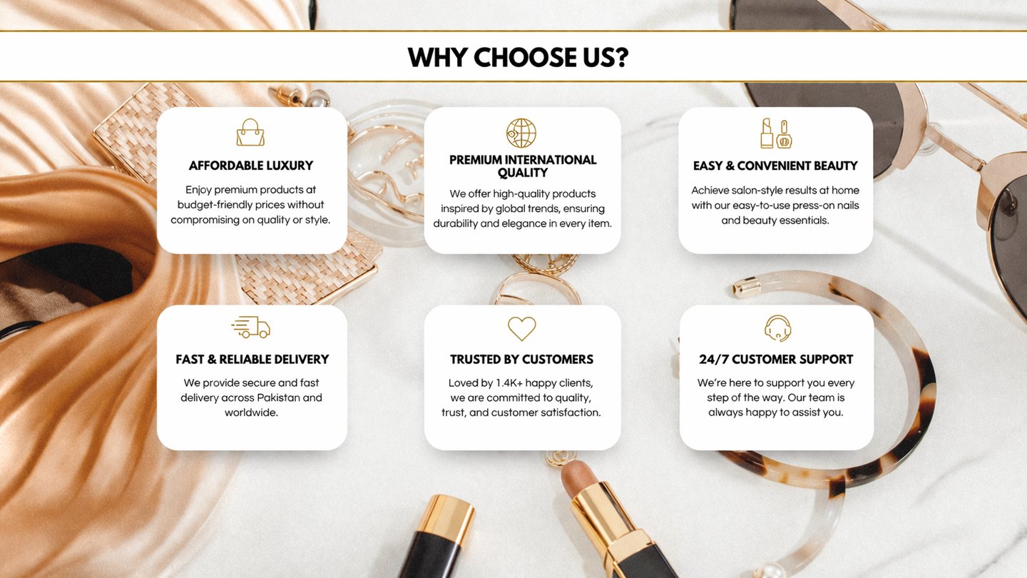 Why Choose Us infographic showcasing affordable luxury press-on nails and beauty products.