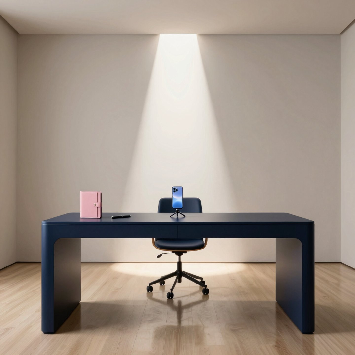 A minimalist blue executive desk in a modern home office with a smartphone on a tripod under a spotlight.