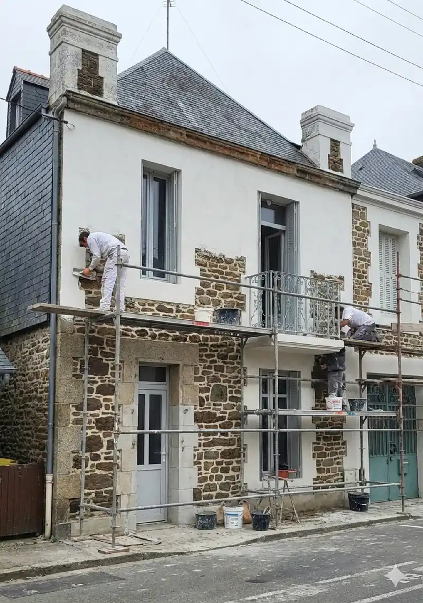 Chantier de restauration et rejointoiement sur une façade ancienne en pierre à Landivisiau