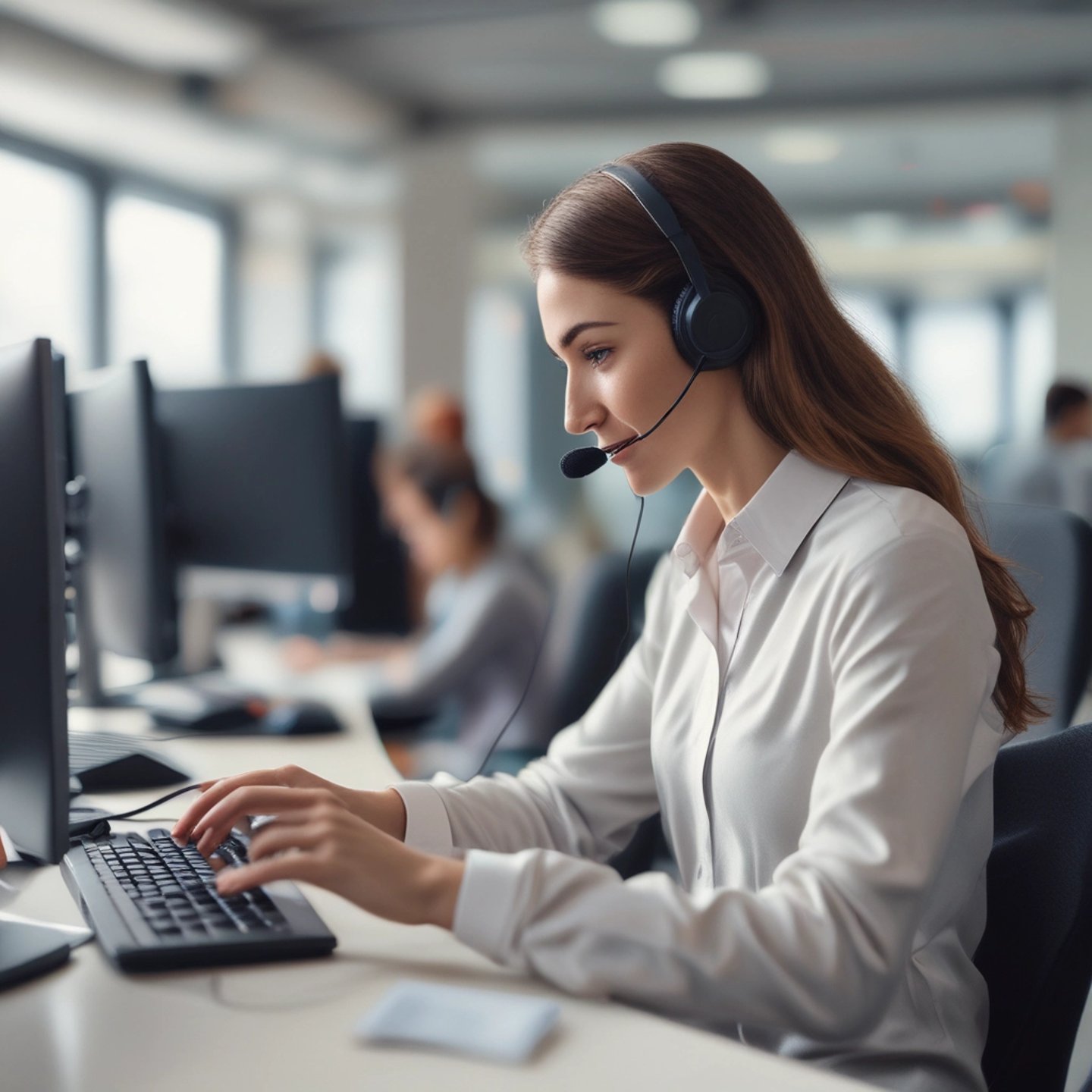 A diverse team collaborating over blueprints and laptops in a modern office space filled with natural light.