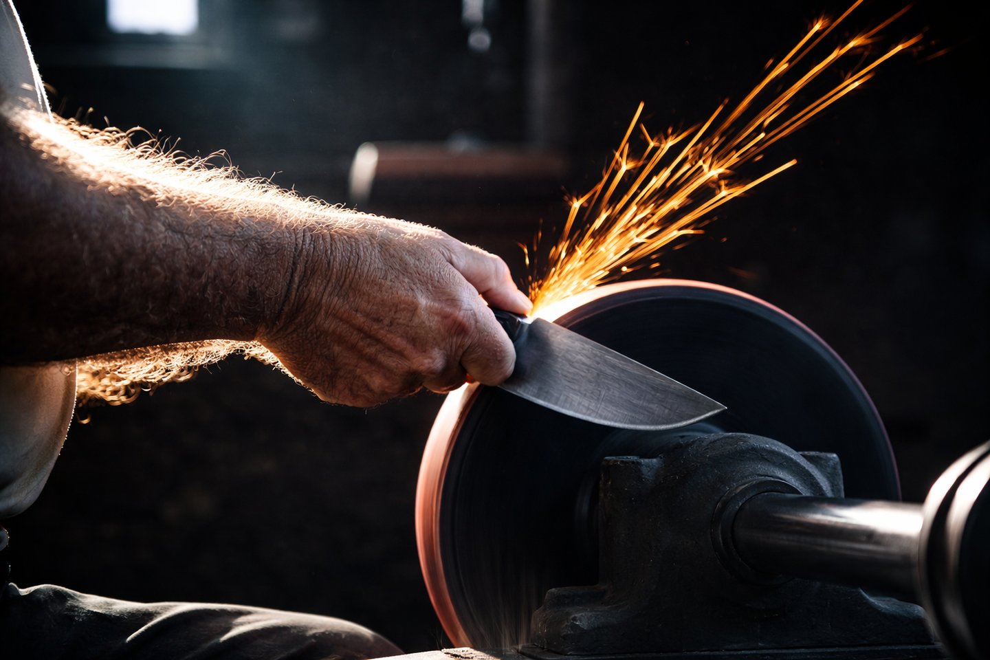 Blade being sharpened on a grinder with sparks flying during the sharpening process