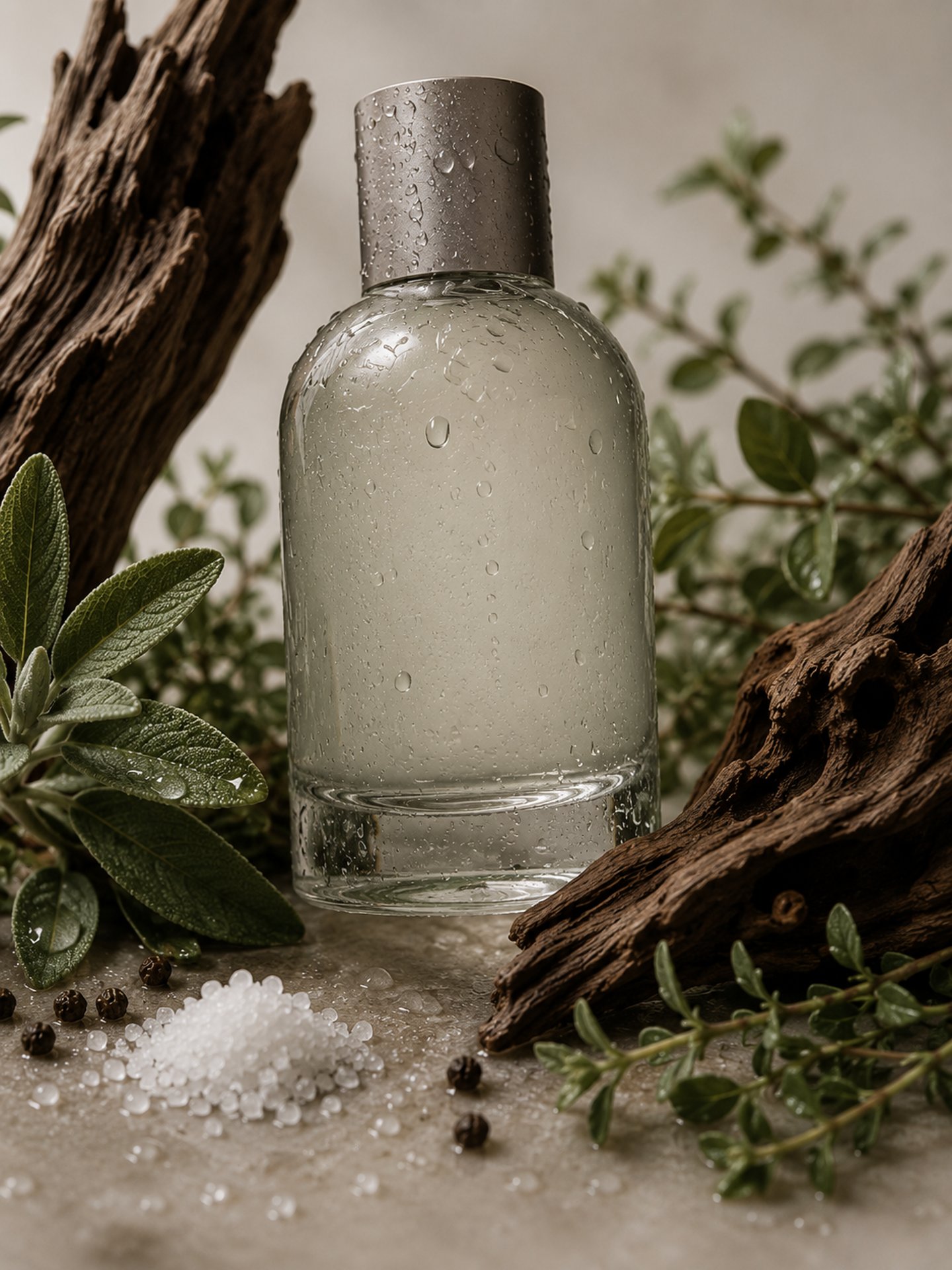 Luxury perfume bottle with water droplets, surrounded by fresh herbs, sea salt, and rustic driftwood.