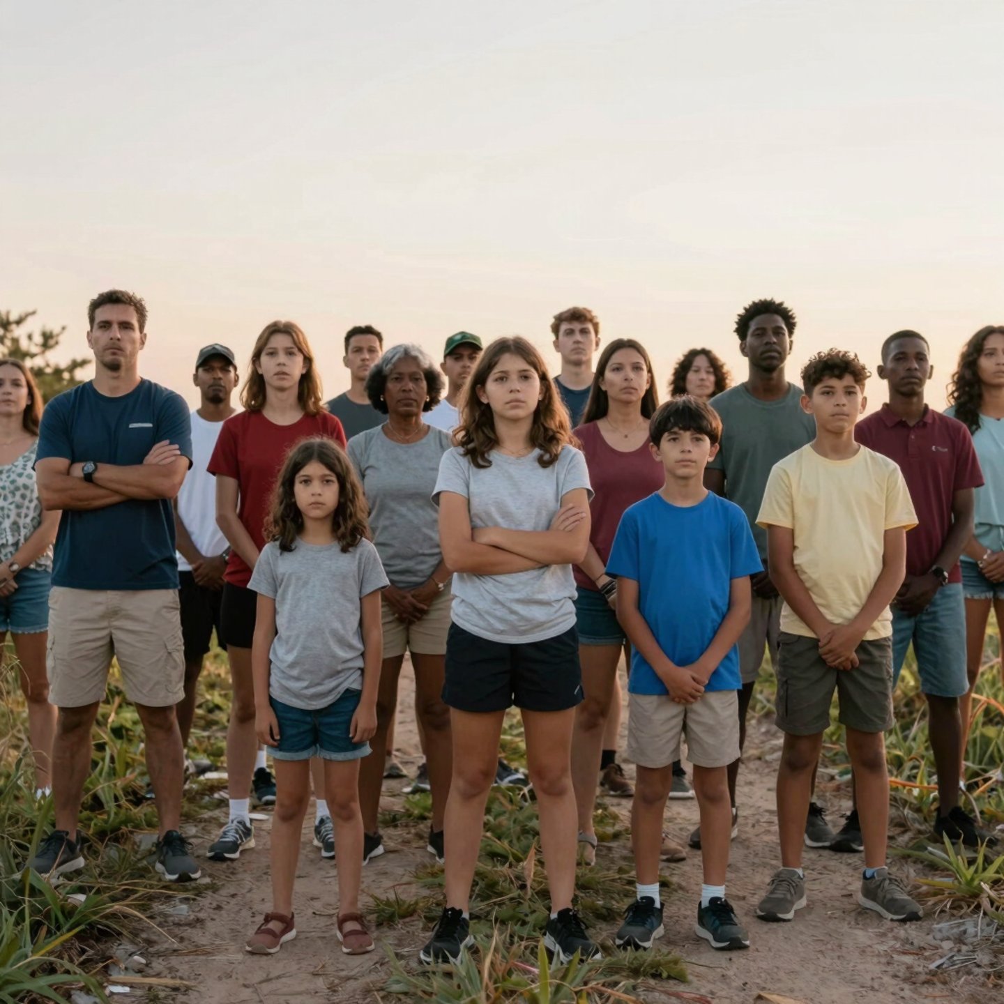 A diverse group of adults and teenagers standing together on a rural dirt path during sunset.
