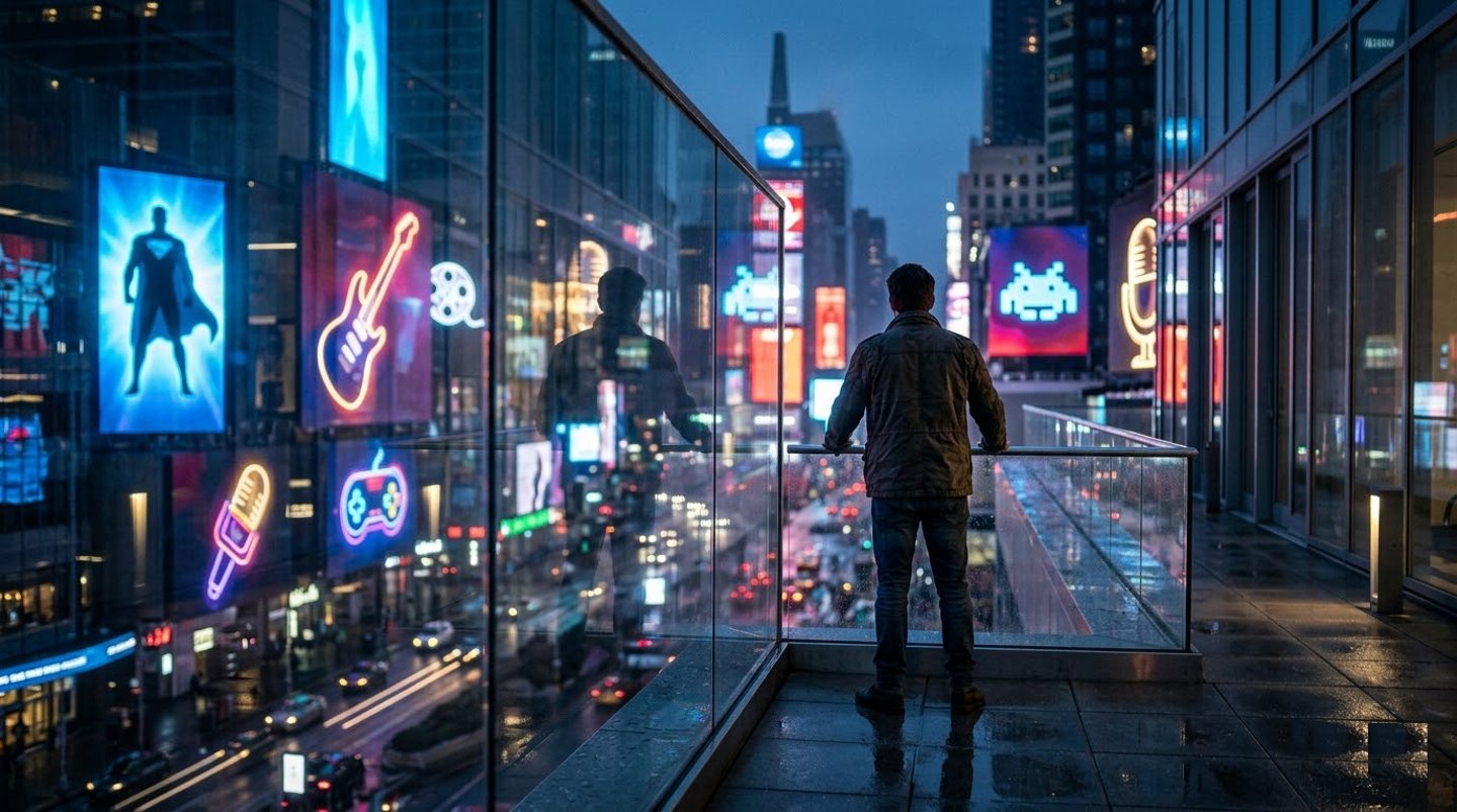 A man looking out at vibrant neon city signs and digital billboards from a high-rise balcony at night.