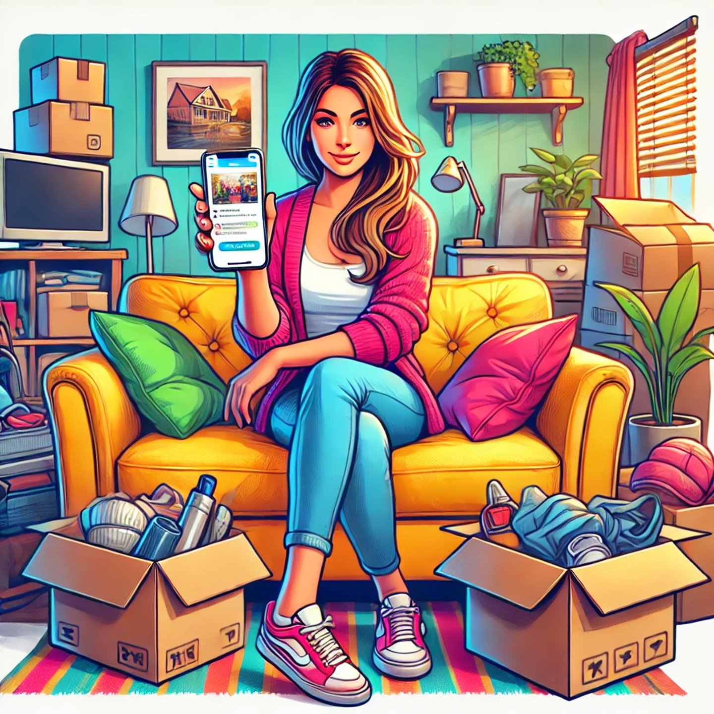 A picture of a woman looking up junk removal companies in calabasas california and calling A WE HAUL