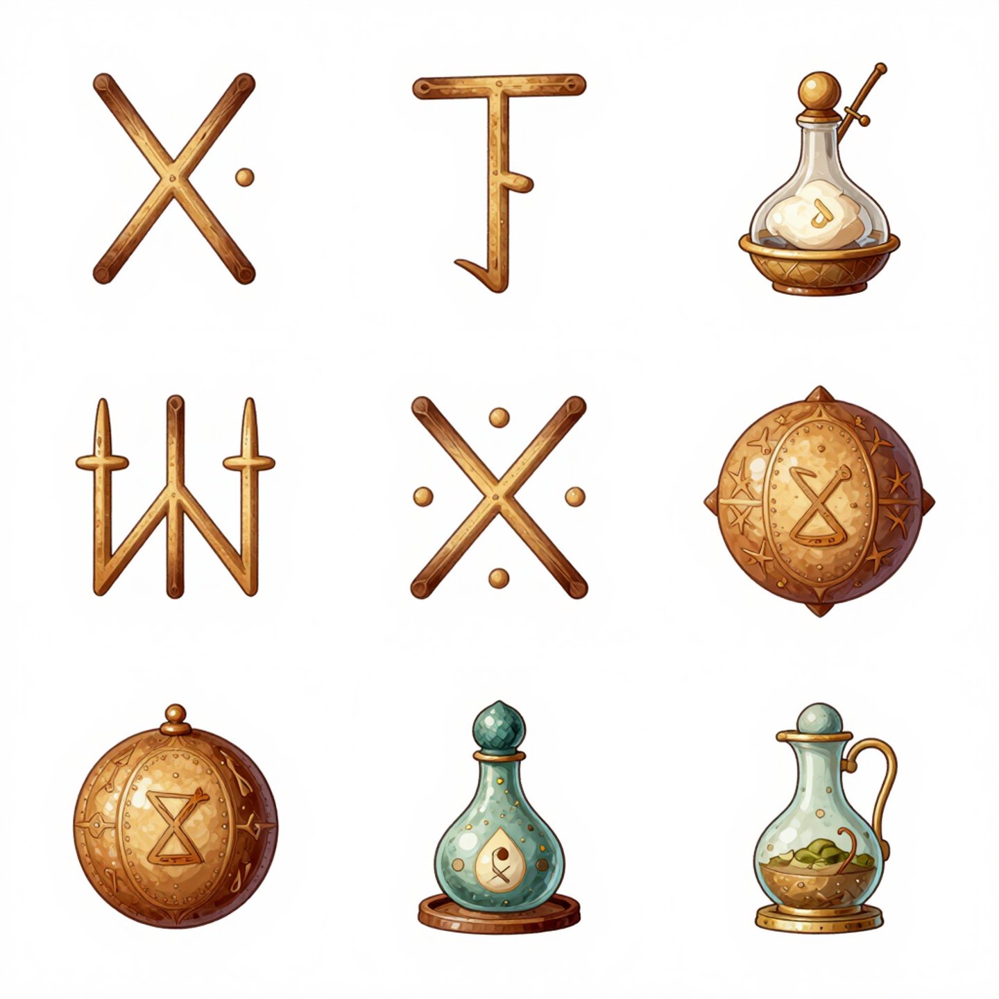 Collection of mystical fantasy alchemy symbols and magic potions in glass bottles and ornate brass orbs.