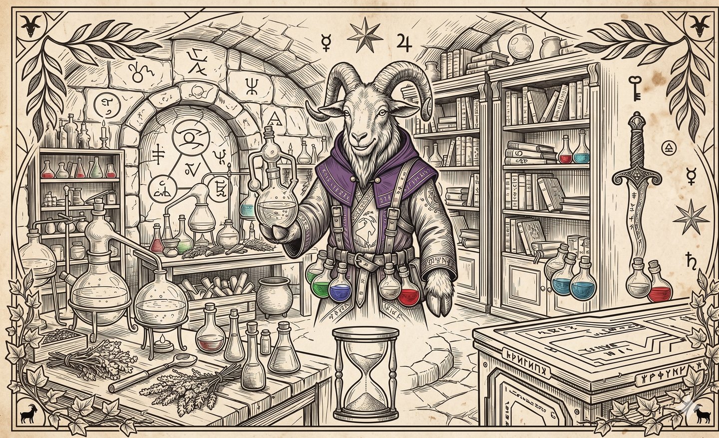 Vintage fantasy illustration of a goat alchemist in a laboratory with magic potions and occult symbols.