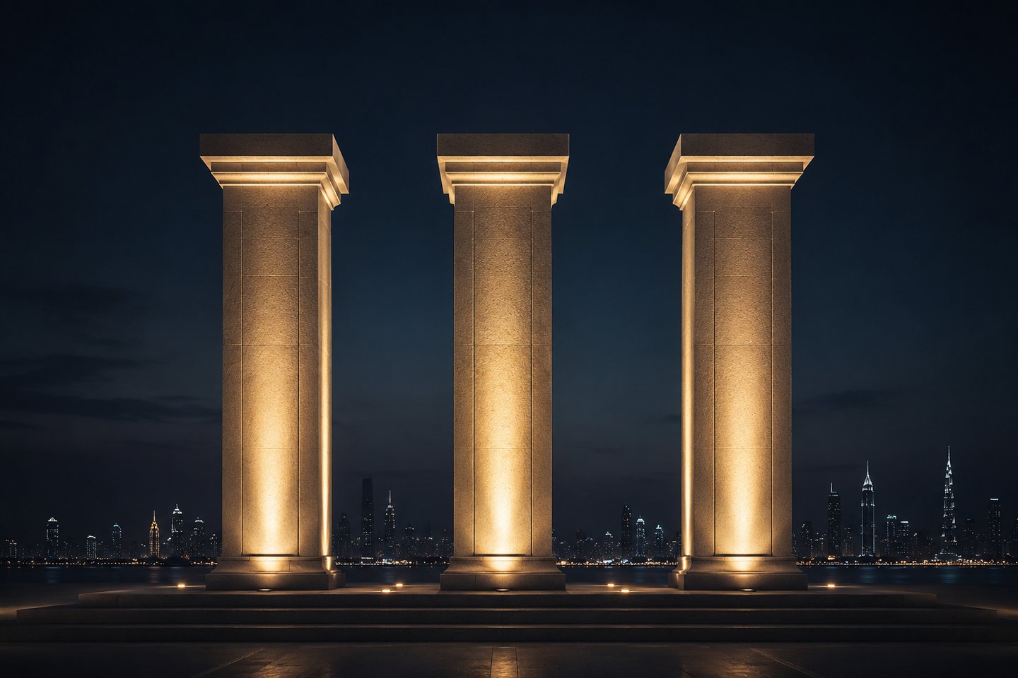 Golden columns against a city skyline at night representing The 3 Pillars business advisory framewor