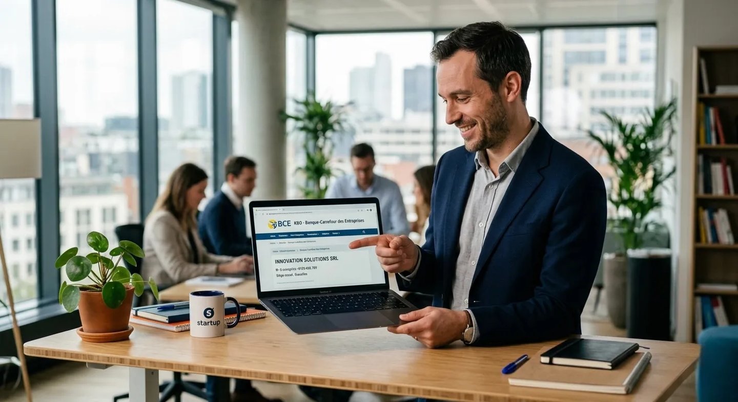 Entrepreneur souriant pointant l'écran de son ordinateur affichant le site de la BCE dans un bureau partagé.