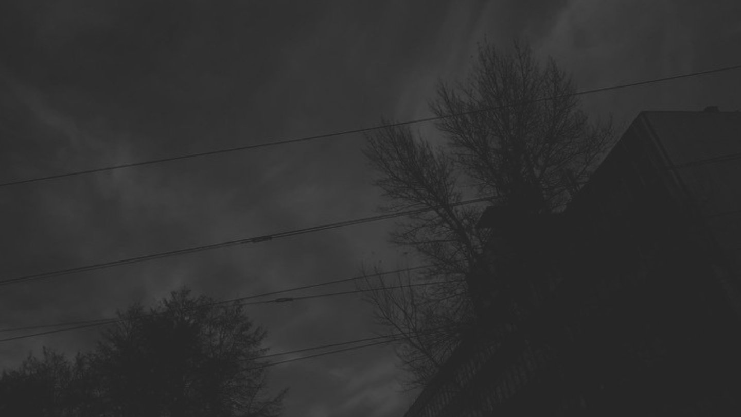 Paisaje urbano oscuro con siluetas de árboles y cables.