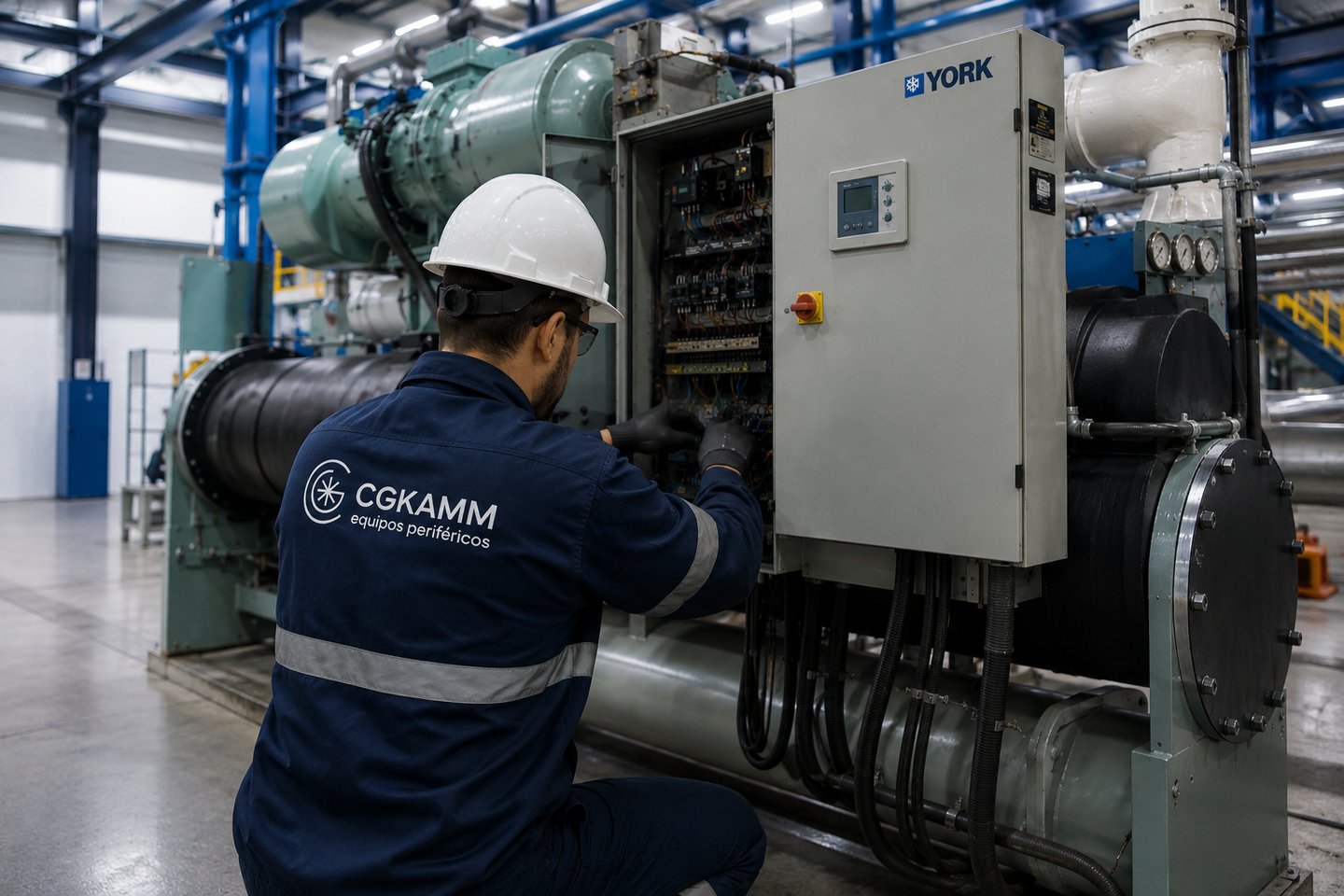 Técnico de CKKAMM reparando un chiller enfriador