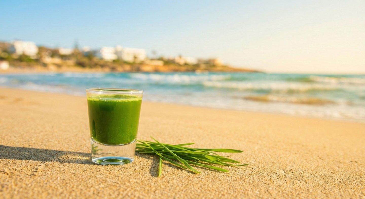 Fresh wheatgrass shot and green blades on a sunny tropical beach sand with ocean waves.