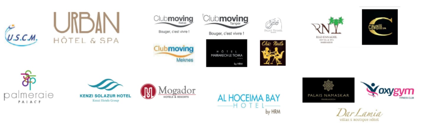 Collection of luxury hotel and fitness club logos including Urban Hotel and Spa, Mogador, and Kenzi Solazur.