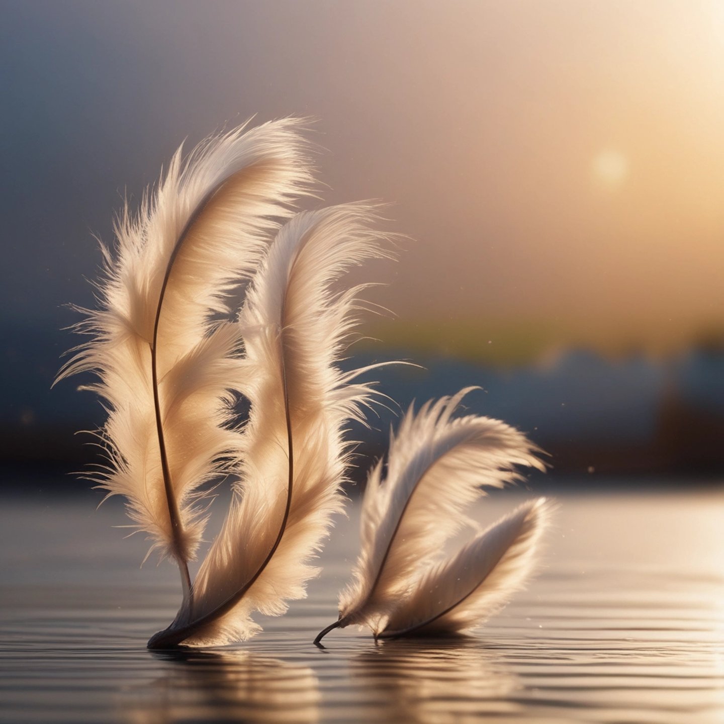 Plumes blanches éclairées par une lumière dorée, illustrant l'univers du soin.