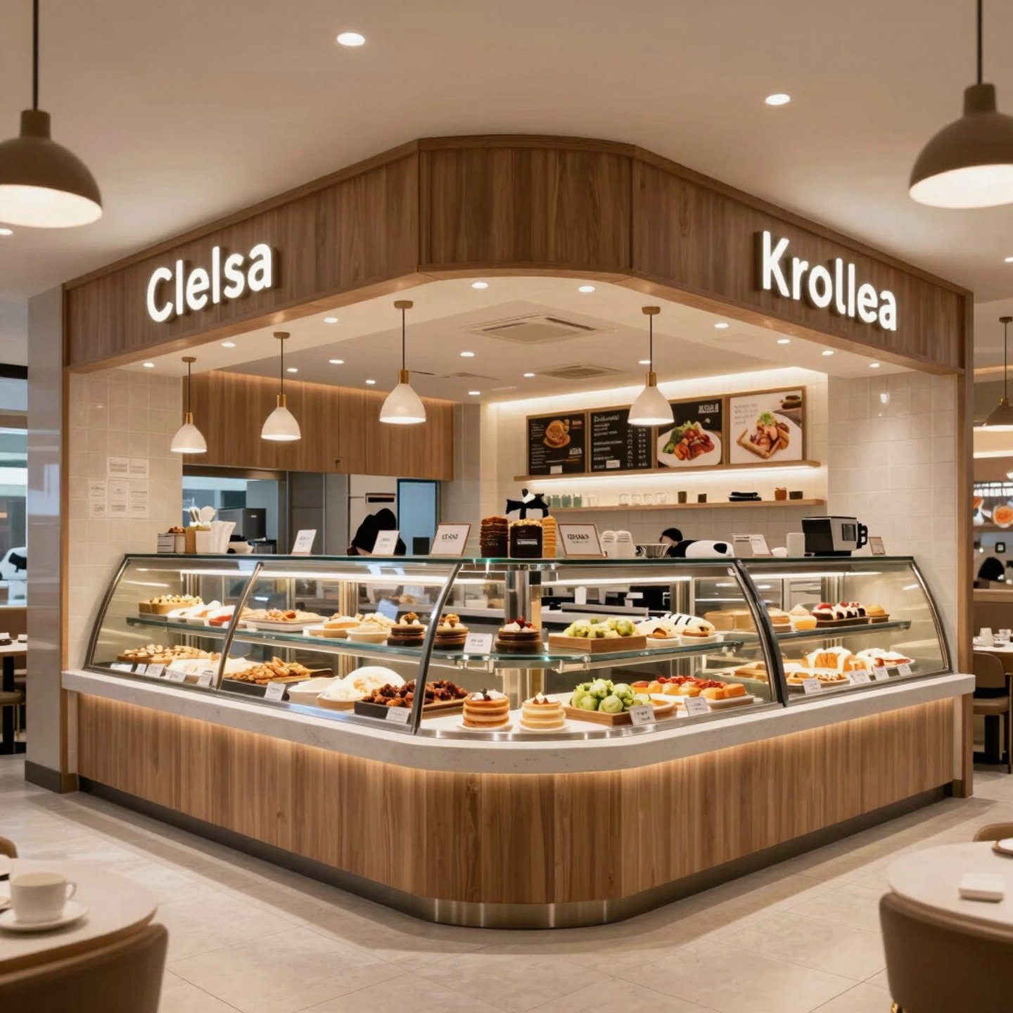 A sleek, modern commercial kitchen workspace with stainless steel equipment and bright lighting.