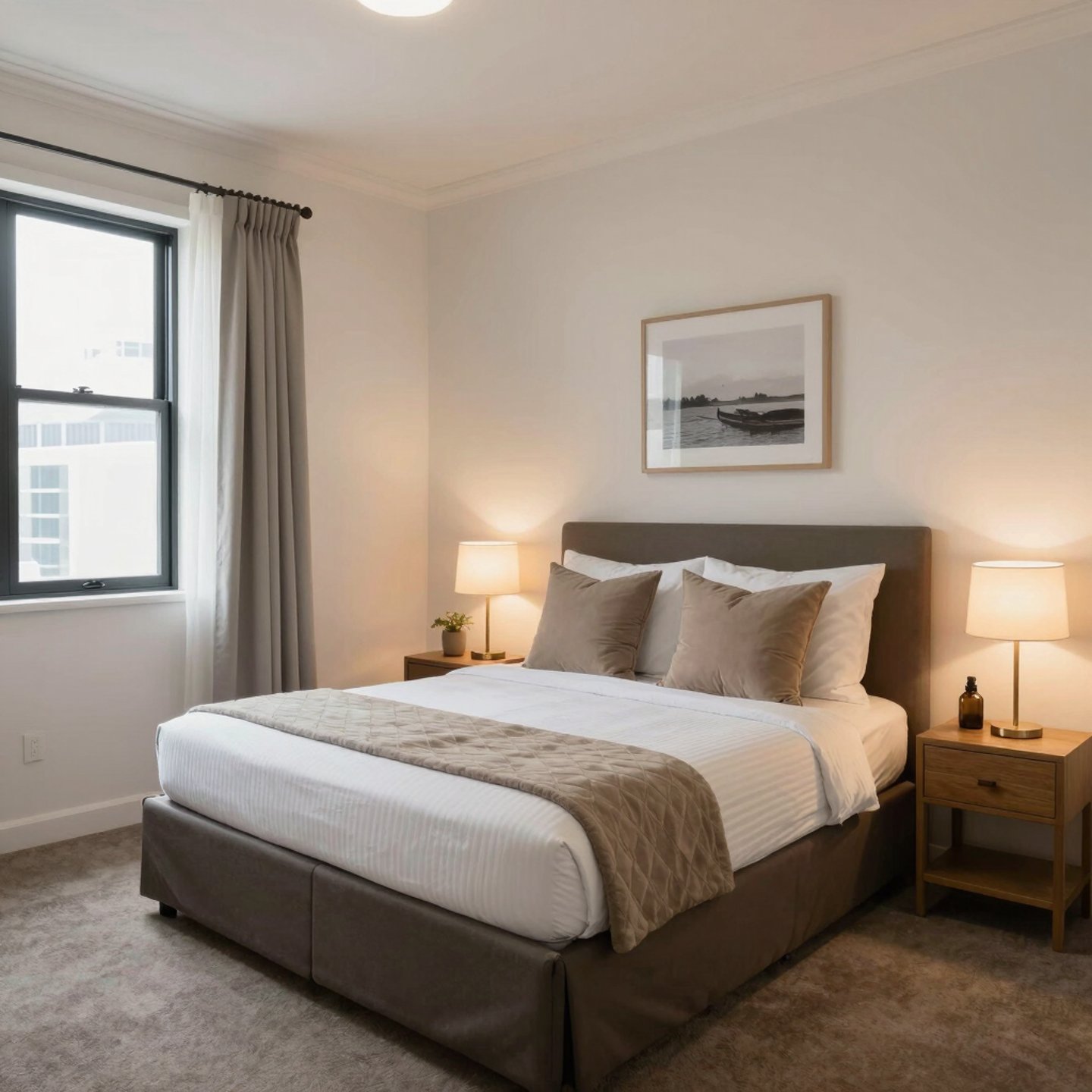 A tidy, welcoming guest room with soft lighting and neatly arranged amenities in brisbane