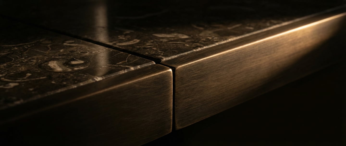 Détail meuble hapax en laiton brossé et marbre noir