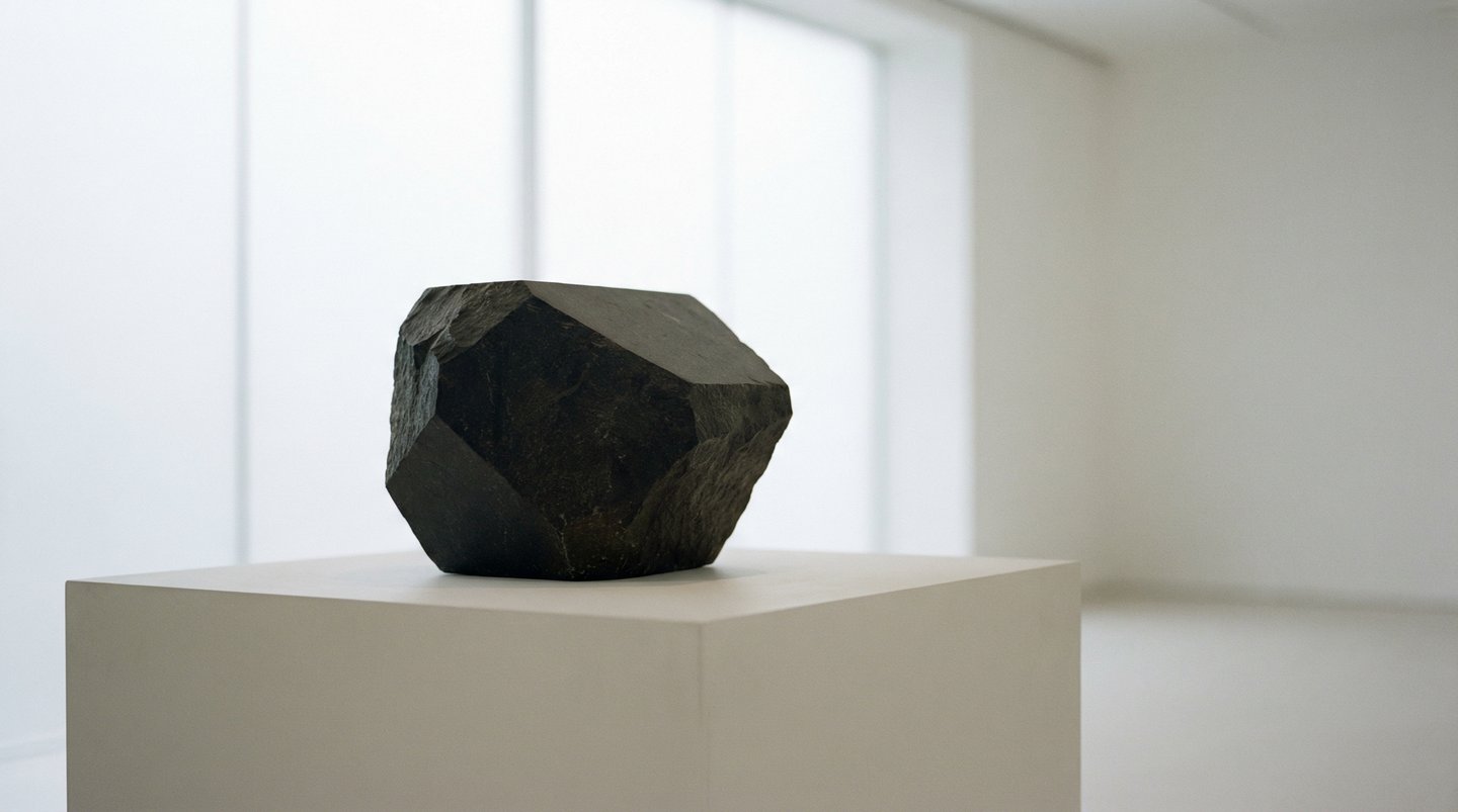 Black sculpture on pedestal in white cube exhibition room
