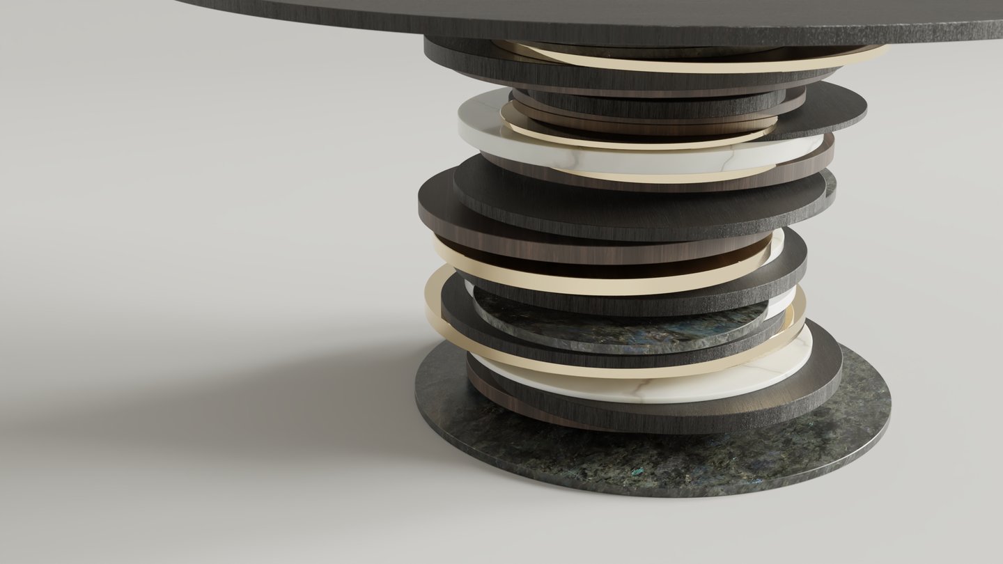 Detail of the Stratum round table base, stacked discs in moabi, walnut, white marble, labradorite and brass