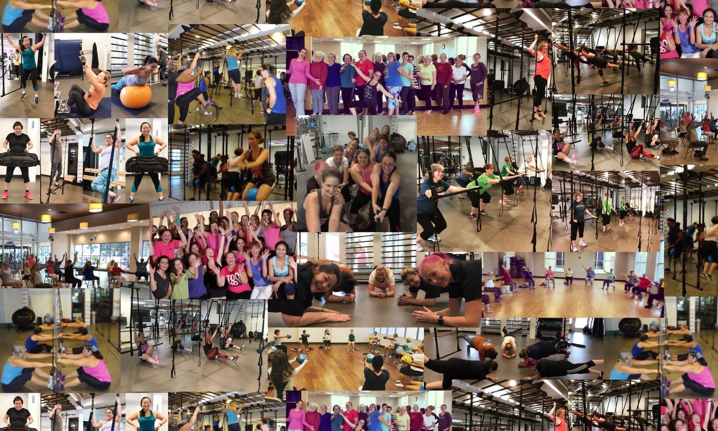 Collage of women in fitness classes performing TRX suspension training, yoga, and core strength workouts.