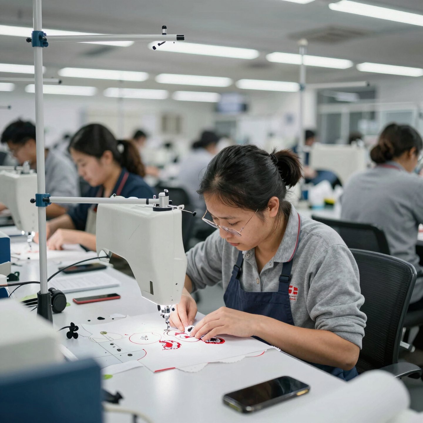 A vibrant workspace showing colorful threads, embroidery machines, and personalized garments in progress.