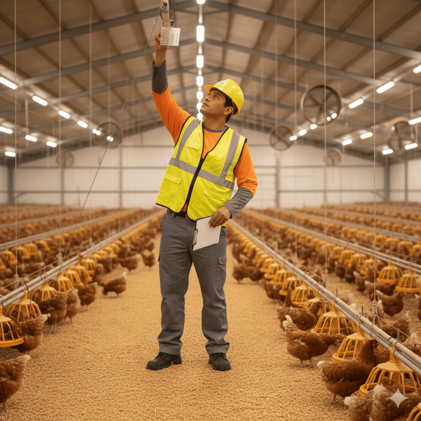 A worker in a yellow safety helmet inspects equipment in a large industrial poultry farm with brown chickens.