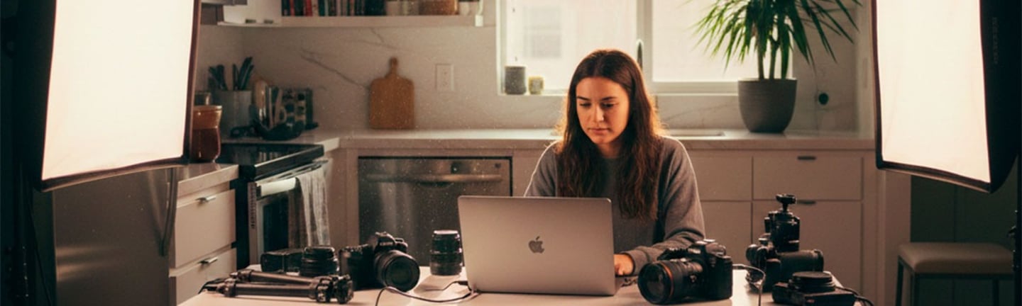 Professional photographer editing photos on a laptop with cameras and softbox lighting in a kitchen studio.