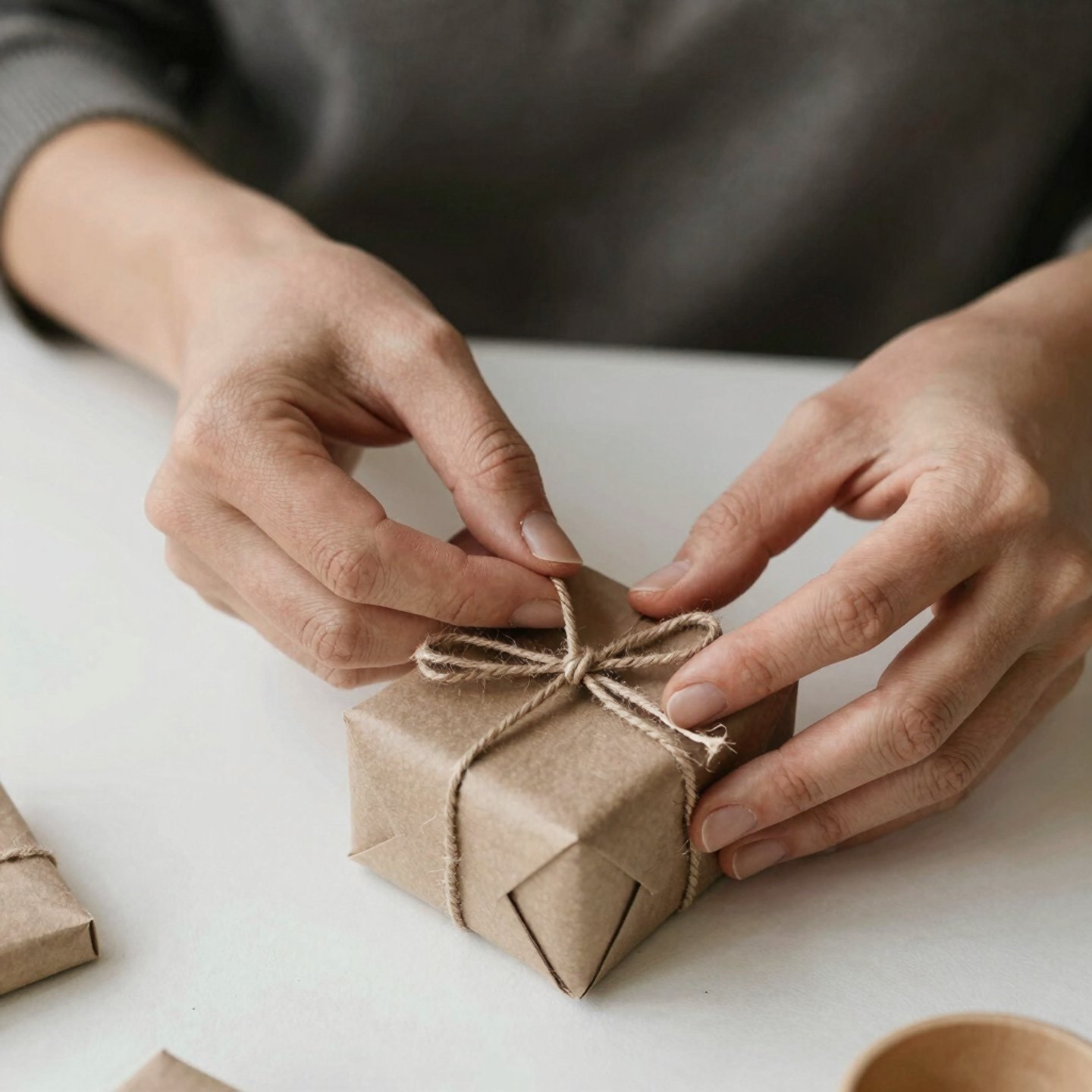 A serene flat lay of artisanal candles, soaps, and natural bath salts arranged on a soft beige linen with subtle botanical accents.