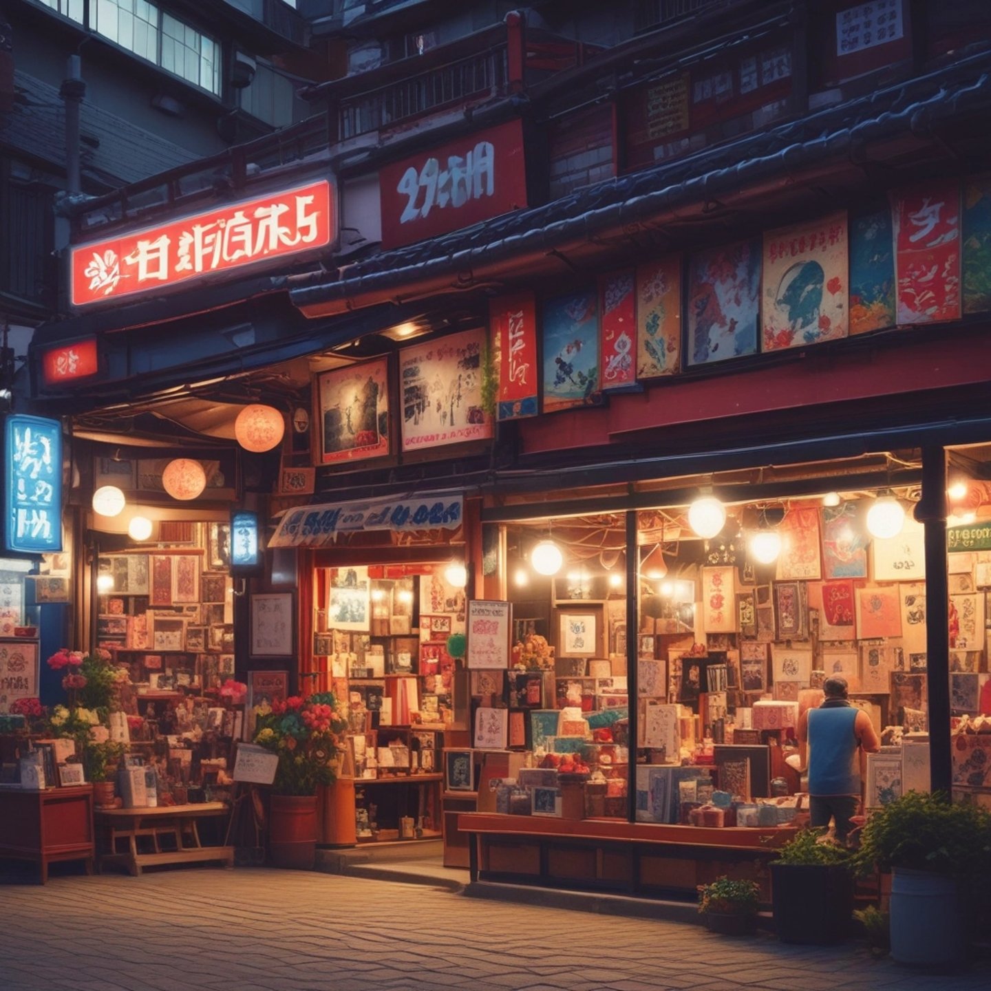A bright, playful storefront illustration with colorful sale tags and smiling shoppers holding bags.