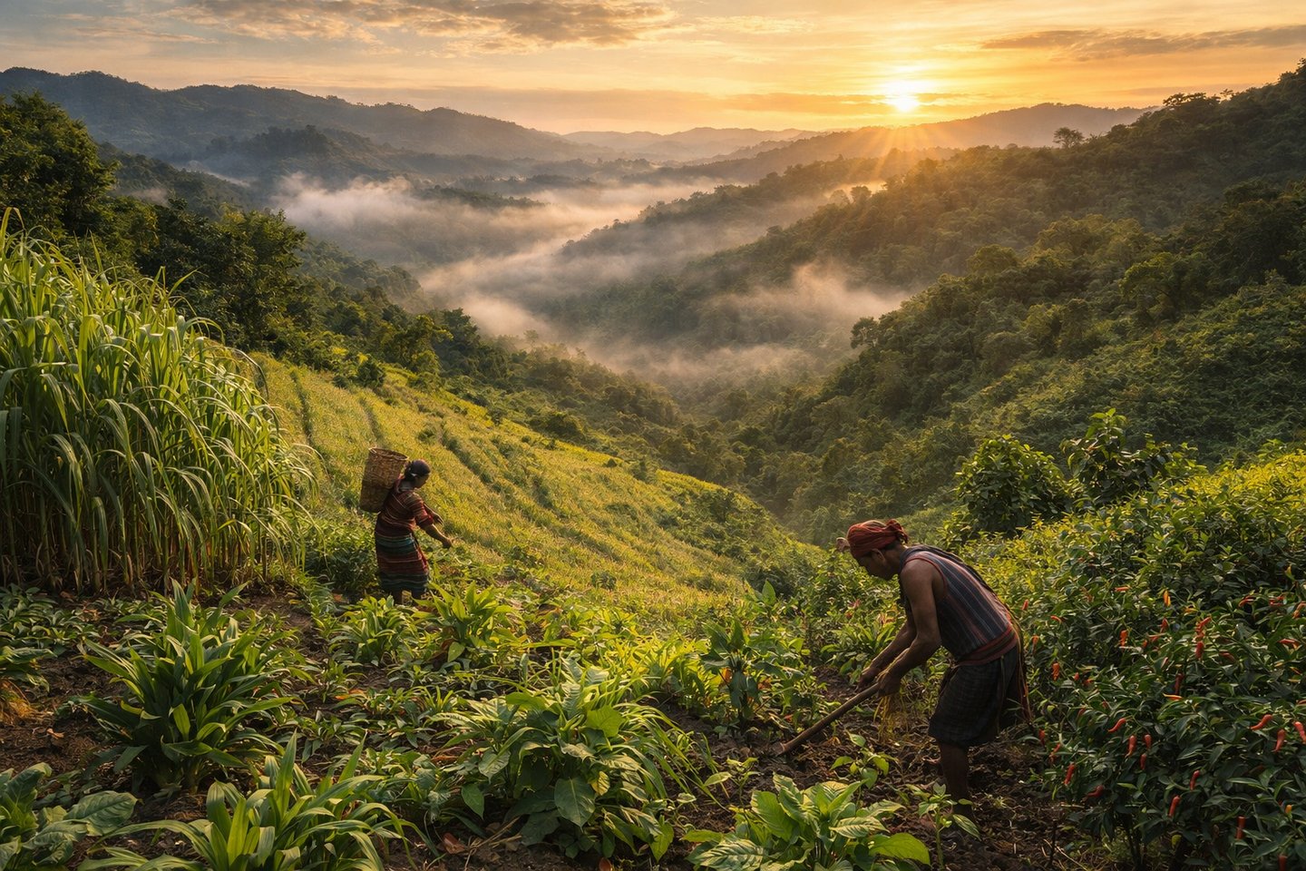 Jum Cultivation in the Chittagong Hill Trcts. A cinematic sunrise scene of Jum cultivation in the Ch